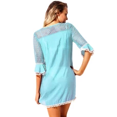 Pale Blue Crochet Insert  Pom Pom Trim Tunic Cover Up Dress 